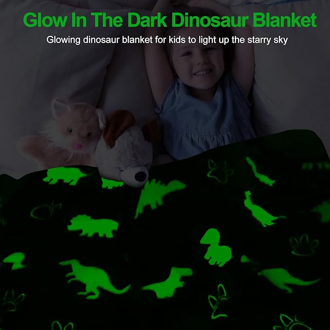 Dinosaur Blanket for Boys, Glow in The Dark Blanket for Kids, Kids Blanket for Boys, Toddler Blanket for Boys, Dinosaur Gifts for Boys/Kids, Soft Fleece Blanket, Birthday Gifts 50"x60"+Gift Box