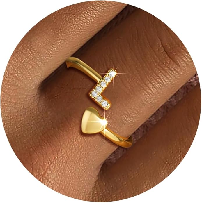 Gold Initial Rings for Women Girls, Dainty 14K Gold Plated Adjustable Initial Rings Cute Heart Zirconia Ring for Women Teen Girl Gifts