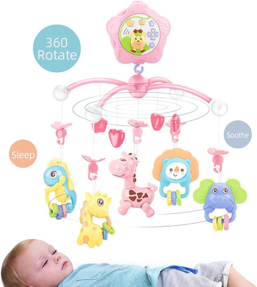 caterbee Baby Crib Mobile for Pack and Play, Crib Toys with Light and Musicial, Remote,Projector for Ages 0+ Months (Pink-Forest)