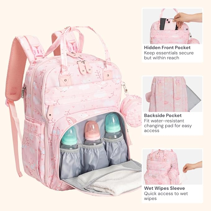 BabbleRoo Diaper Bag Backpack - Baby Essentials Travel Tote - Multi Function Water Resistant Diaper Bag, Travel Essentials Baby Bag with Changing Pad, Stroller Straps & Pacifier Case - Pink Birdy