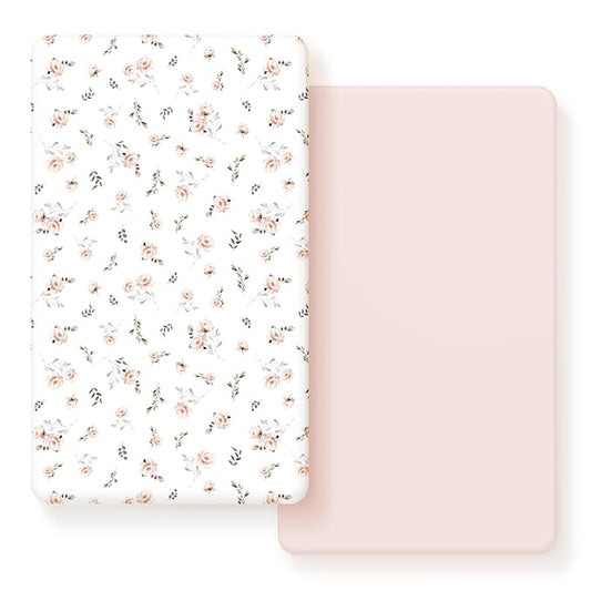 GRSSDER Stretch Ultra Soft Jersey Knit Fitted Crib Sheets Set 2 Pack, Universal Fitted Most Crib Mattress Pads Safe and Snug, Breathable Crib Fitted Sheet for Baby, Pink Rose Print