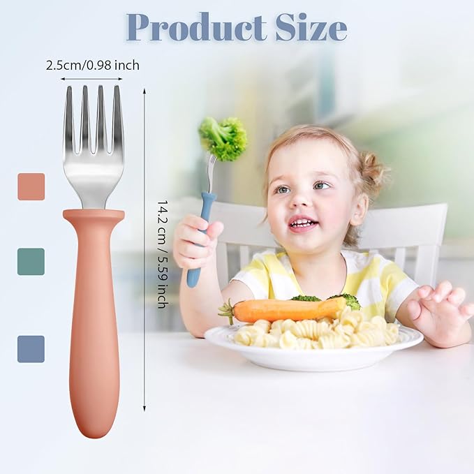 Pimoys 6-Pack Stainless Steel Toddler Forks Baby & Kids Utensils for Self-Feeding Plastic Handle Dishwasher Safe