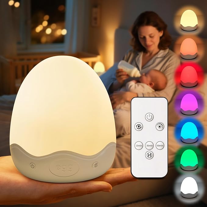 Baby Night Light for Kids,10 Brightness+10 Colors Egg Light for Nursery, Touch+Remote+3600mAh Rechargeable Egg Night Light for Baby Nursery,Warm Light for Breastfeeding 1h Timer&Portable,Newborn Gifts