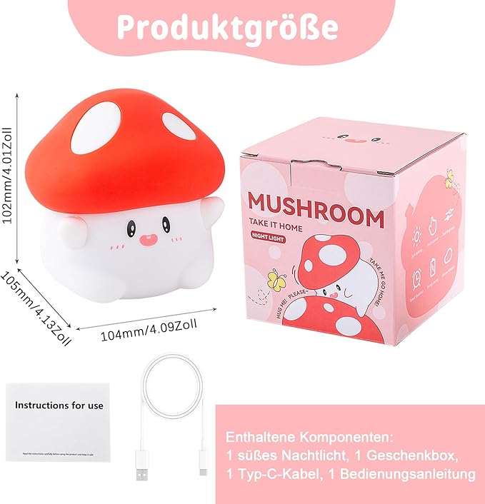 Hug Mushroom Lamp, Cute Mushroom Night Light, 2 Levels Dimmable Night, LED Squishy Night Light for Kids Sleep, Rechargeable Bedside Touch Silicone Lamp, Unique Dorm Decor Gift Toy