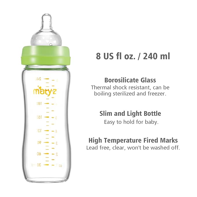 Matyz 8 Ounce Glass Baby Feeding Bottle With Nipple - Light and Slim, Easy to Hold and Clean - Food Grade Borosilicate Glass, Wide Neck for Breastmilk Feeding, No BPA (Green Lids)
