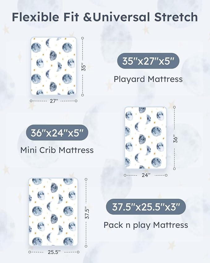 Pack and Play Sheets Fitted 3 Pack, Mini Crib Sheets for Pack N Play Mattress Stretchy Portable Playard Sheets, Soft Breathable Grey & Blue Moon