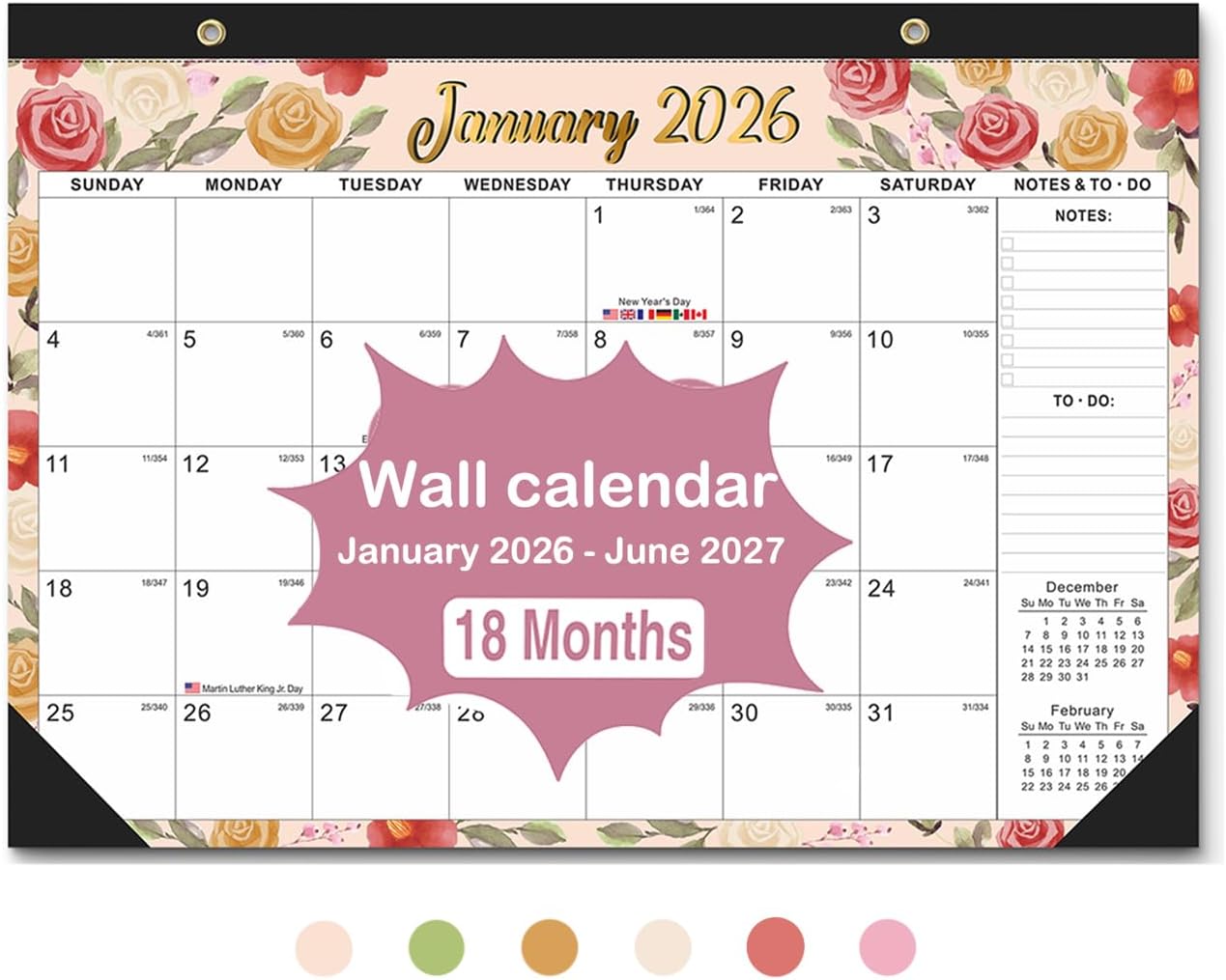 2026-2027 18-Month Desk Calendar with 2 Stickers - 17"x12" Desktop/Wall Monthly Calendar for Homeschool & Office,watercolor