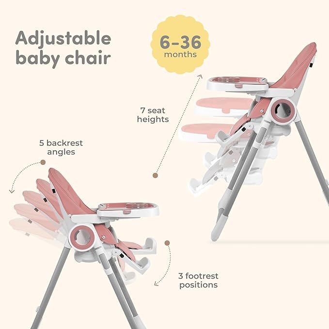 Sweety Fox Baby High Chair Adjustable to 7 Different Heights - Pink Baby Chair - Silla para Comer de Bebe - Foldable High Chairs for Babies and Toddlers