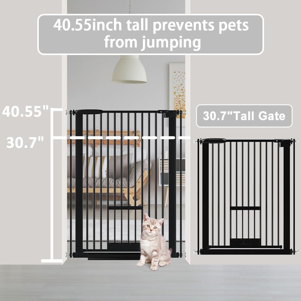 40.55" Tall 1.37" Ultra Narrow Spacing Dogs Pets Baby Gate with Door for Doorway Cat Safety Proof Indoor 30.12-45.87" Extra Wide Puppy Pressure Mounted No Drill White Black Metal Hallway