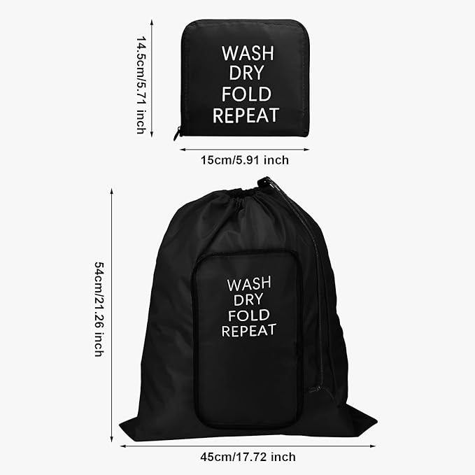 2 Pcs Travel Laundry Bag Washable Dirty Clothes Bag with Drawstring and Zipper for Suitcase, 22 x 18 Inch (Black,Classic)