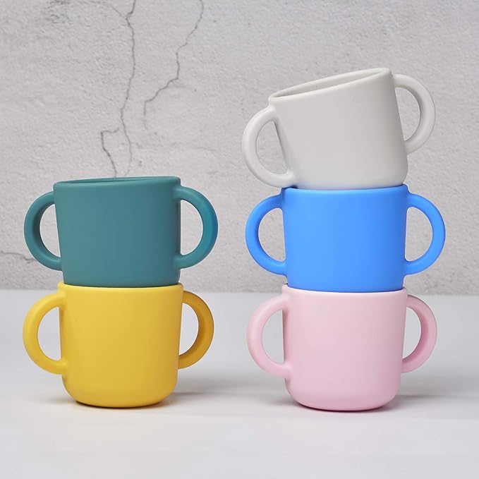 Silicone Training Cup for Infants, Toddler Learning Cup with Two Handles, Baby Open Cup 5oz, 6months+ (green+pink)