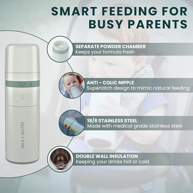 MILK & WATER All in One Baby Bottle & Baby Formula Dispenser On The Go, 9oz - Keeps Water Warm & Formula Fresh - Baby Formula Mixing Bottle with Anti Colic Nipple - Leak-Proof - 6+ Months (Green)