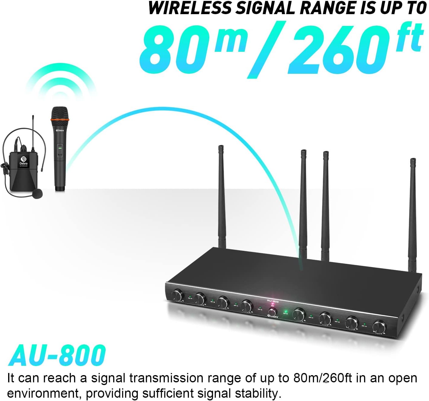 D Debra Audio AU800 Pro UHF 8 Channel Wireless Microphone System with Cordless Handheld Lavalier Headset Mics, Metal Receiver, Ideal for Karaoke Church Party (4 Handheld & 4 Bodypack)