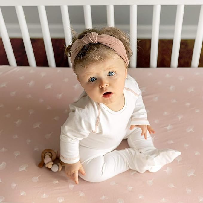 Ely’s & Co. Crib Sheet 2-Pack — Combed, 100% Jersey Cotton for Baby Girl — Rosewater Pink, Pin Dots & Gingko Leaves 52” x 28”
