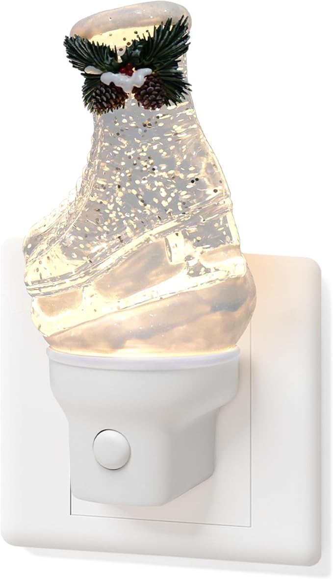 Christmas Night Light Plug into Wall Glitter Water Nightlight with USB/Outlet Options, Christmas Ski Boots Decorative Nightlight for Bedroom Kitchen Nursery Holiday Decorations Gifts (Ski Boots)