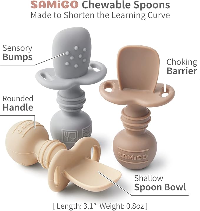 SAMiGO Silicone Baby Utensils - Self Feeding Spoons and Tiny Training Cup - First Stage Baby Led Weaning Supplies for 6 Months+ Infants - Set of 3