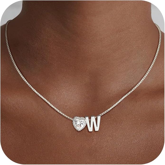Christmas Gifts Gold/Silver Heart Initial Necklaces for Women Girls Teens Kids Non Tarnish 14k Gold Plated Letter Heart Zirconia Pendant Necklace Dainty Initial Name Necklace Jewelry for Women