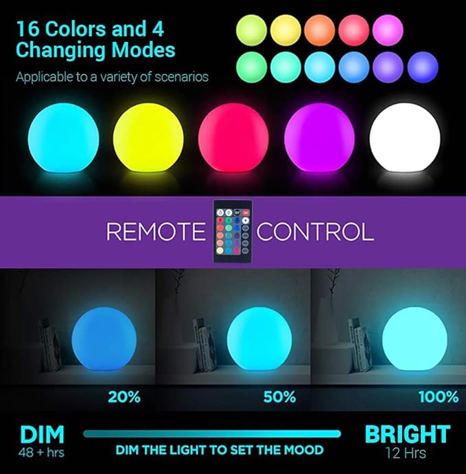 LOFTEK 20-inch LED Large Dimmable Light Ball: RGB 16 Color Changing Glow Ball with Remote Control, Waterproof Floating Pool Lights, Rechargeable for Nursery, Pool, Garden Decor