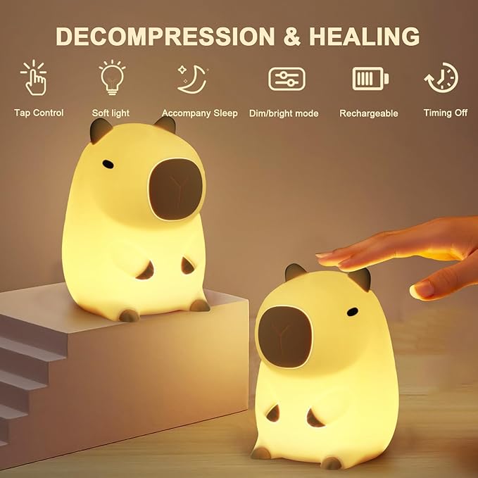 Capybara Night Light, Squishy Rechargeable LED Lamp with Timer, Dimmable Silicone Nightlight for Kids Bedroom, Kawaii Animal Decor for Nursery College Dorm Adults