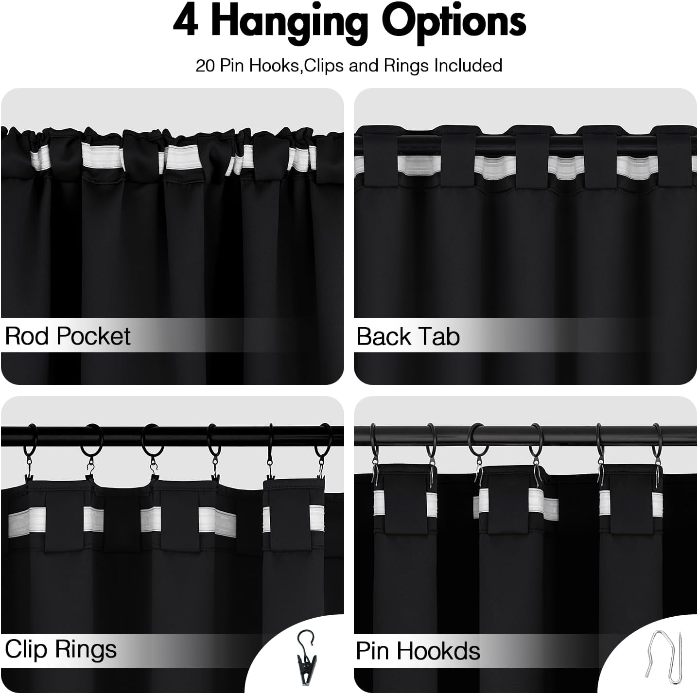 ANRODUO Back Tab Blackout Curtains for Bedroom Living Room, Rod Pocket Pinch Pleated Thermal Insulated Room Darkening Curtains 84 Inches Long 2 Panels, Black, 52 x 84 Inch
