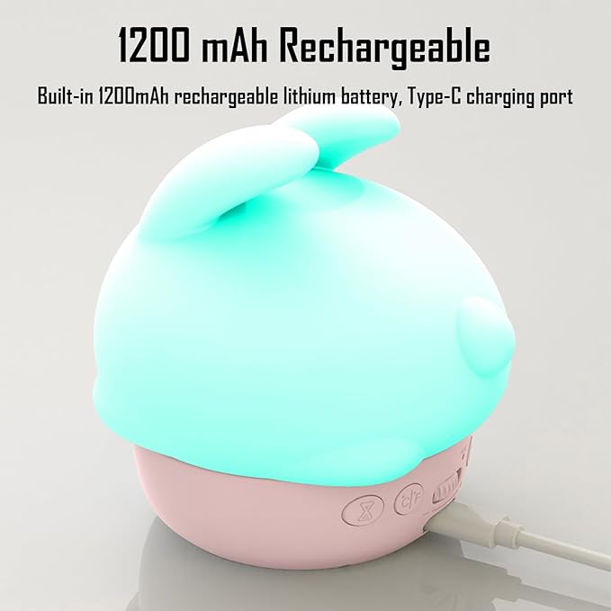 Cute Bunny RGB Rechargeable Night Light, Soft Silicone Lampshade, Adjustable Brightness LED Clock, Date, Alarm, Thermometer, Timer, Tap Control, Bedroom Lamp, Gift for Girl and Kid (Pink Bunny)