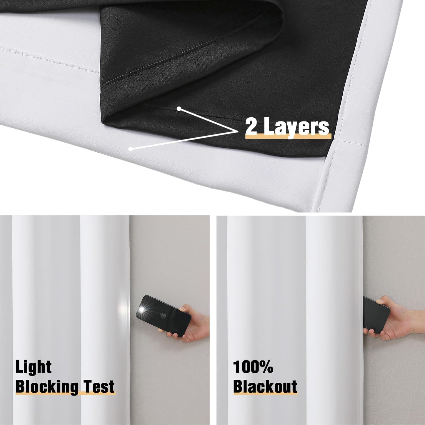 ChrisDowa 100% Blackout Curtains 63 inch Long for Bedroom with Black Liner, Extra Wide 2 Thick Layers Total Blackout Thermal Insulated Grommet Window Curtains 2 Panels Set (Pure White, 60 x 63 Inch)