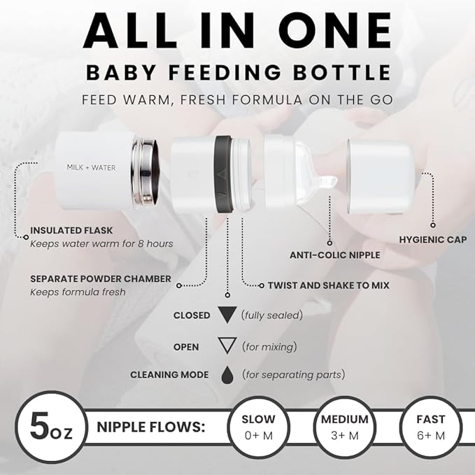MILK & WATER All in One Baby Bottle & Baby Formula Dispenser On The Go, 5oz - Keeps Water Warm & Formula Fresh - Baby Formula Mixing Bottle with Anti Colic Nipple - Leak-Proof - 3+ Months (White)