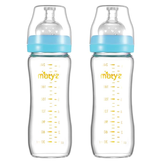 Matyz Glass Breastmilk Baby Feeding Bottle with Nipple, 2 Pack, 8 oz Slim and Light Bottle Easy to Hold, Food Grade Borosilicate Glass, Wide Neck Easy to Clean, No BPA (Blue Lids)