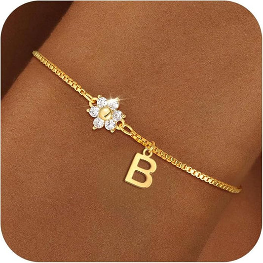 C-leen Gold Initial Bracelets for Women Girls - 18K Gold Plated Flower CZ Initial Bracelet Teen Girl Gifts Trendy Stuff Dainty Gold Bracelets for Women Girls Trendy Jewelry Gifts