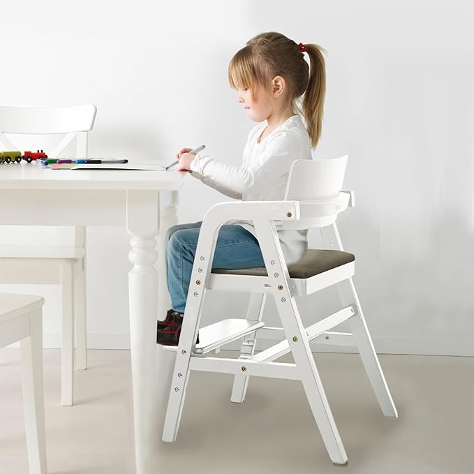 Wooden High Chair Baby Highchair, Portable HighChair for Babies & Toddlers, Adjustable and Convertible Kids Dining Chair with Removable Cushion, Easy to Clean, Water Resistant (White)