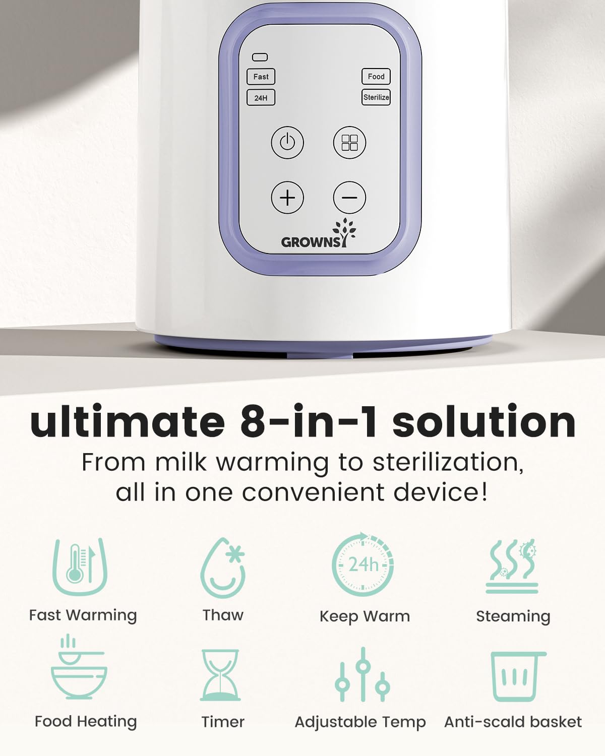 GROWNSY Bottle Warmer, 8-in-1 Fast Baby Bottle Warmer for Breastmilk or Formula, Smart Temperature Control and Automatic Shut-Off Milk Warmer, Baby Essentials for Newborn- Purple