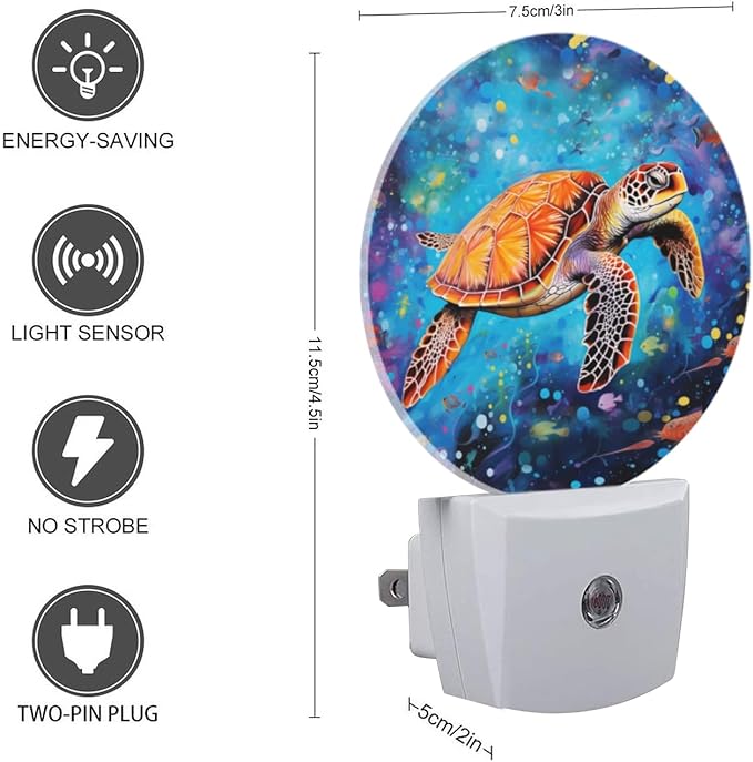 Round LED Night Lights Lamp with Dusk to Dawn Sensor, Orange Sea Turtle Swimming Gracefully Night Light Plug Into Wall for Kids Room, Bedroom, Bathroom, Kitchen, Hallway