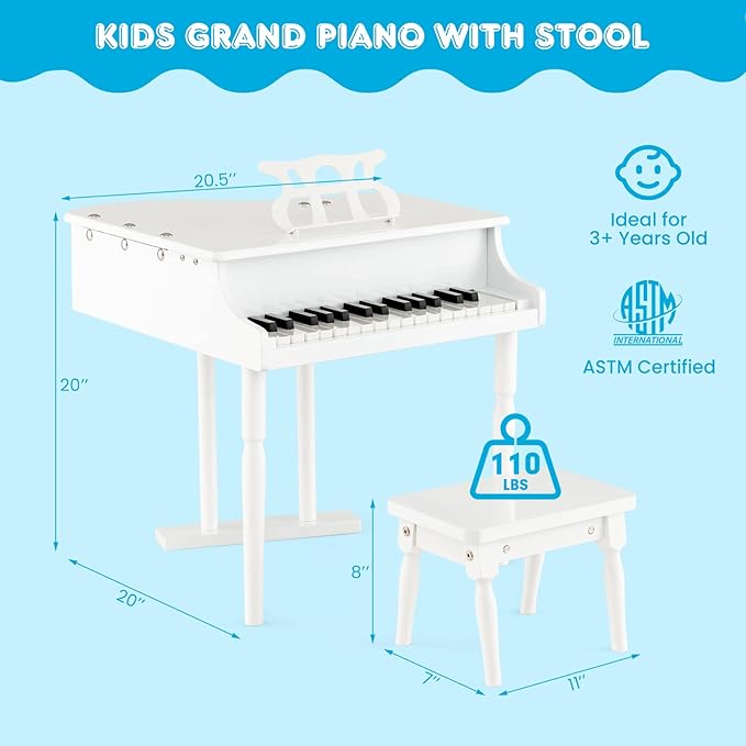 HONEY JOY Classical Kids Piano, 30-Key Mini Grand Piano with Music Stand and Bench, Wooden Musical Instrument Toy w/Lid & Music Rack, Gift for Boys Girls Ages 3+ (3 Straight Leg-White)
