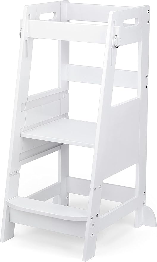 TOETOL Bamboo Toddler Kitchen Step Stool White Helper Standing Tower Height Adjustable with Anti-Slip Protection for Kids Kitchen Counter Learning