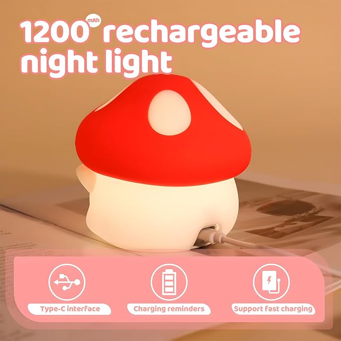 Mushroom Night Light,LED Cute Silicone Squishy Lamp Rechargeable Nursery Nightlight with 2 Level Dimmable Bedside Touch Lamp for Bedroom Kids Room Mushroom Decor Gifts