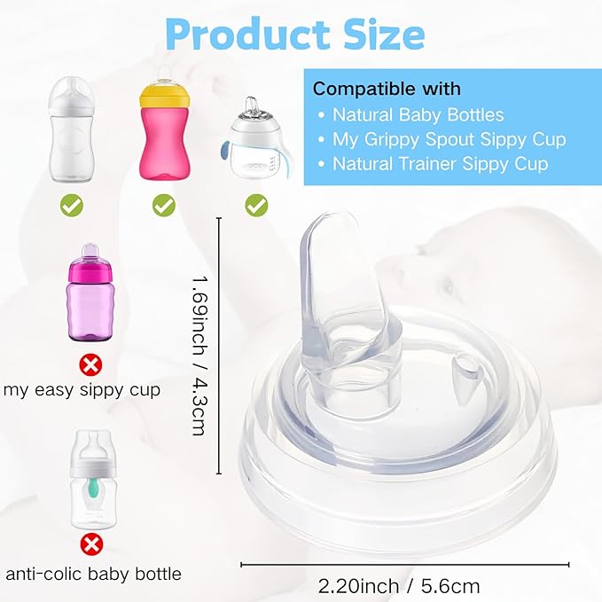 Sippy Spout Nipples Compatible with Philips Avent Natural Bottles, My Grippy Spout and Natural Trainer Sippy Cup, Soft Clear Food Grade Silicone Replacement Spouts, Leak-Proof, BPA Free, 4 Count