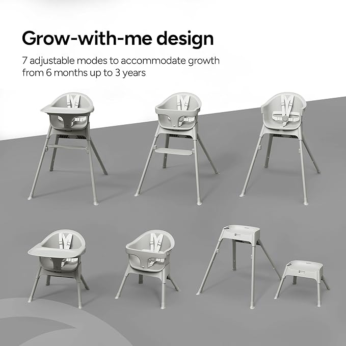 Mompush Olli 7-in-1 Convertible High Chair for Babies and Toddlers – Adjustable Height & Footrest, Dishwasher-Safe Tray, Compact Foldable Design for Easy Storage & Travel, Lightweight Yet Durable