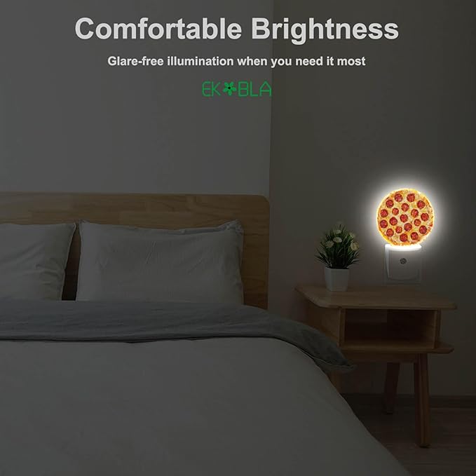 EKOBLA Pizza Plug-in Nightlights Sausage Pizza Cheese Food Pattern Night Lights Plug into Wall Auto Sensor LED for Teens Room Fun Novelty Gift
