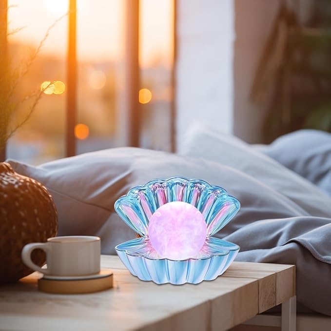 Shell Pearl Beach Themed Night Light, RGB 8 Colors Changing Mood Shell Pearl Lamps, Bedside LED Clamshell Portable Night Lights for Bar (Electroplating Blue)