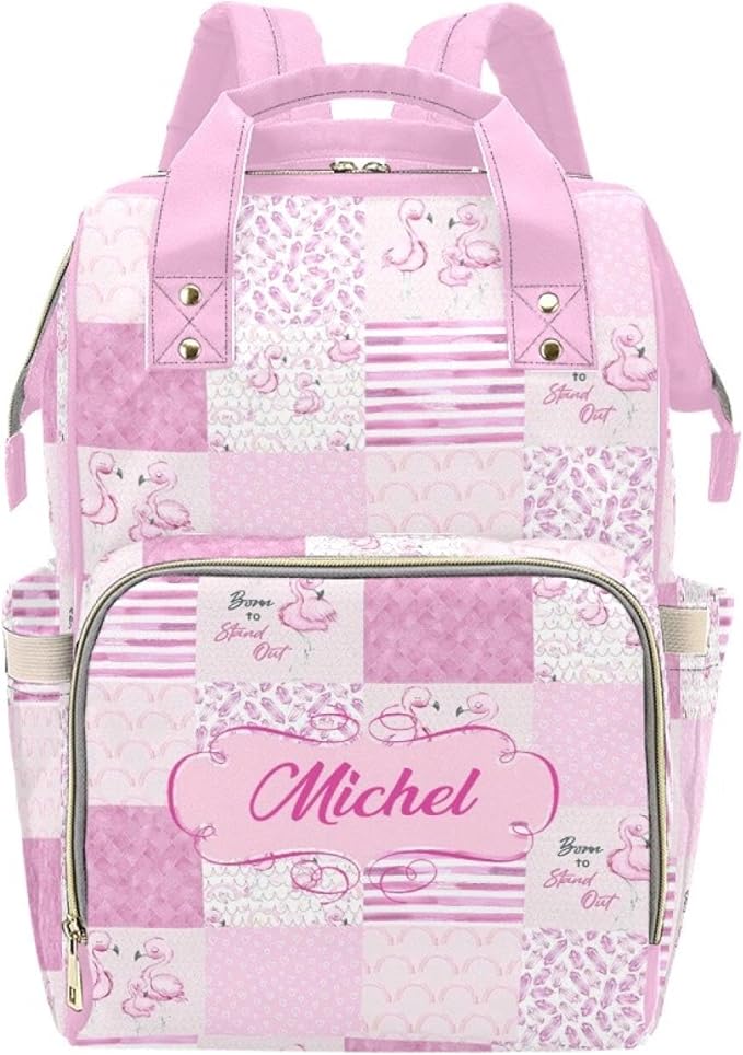 Custom Flamingo Baby Diaper Bag with Name – Personalized Nursing Travel Tote Backpack for Mom or Dad, Custom Name Baby Daypack Gift