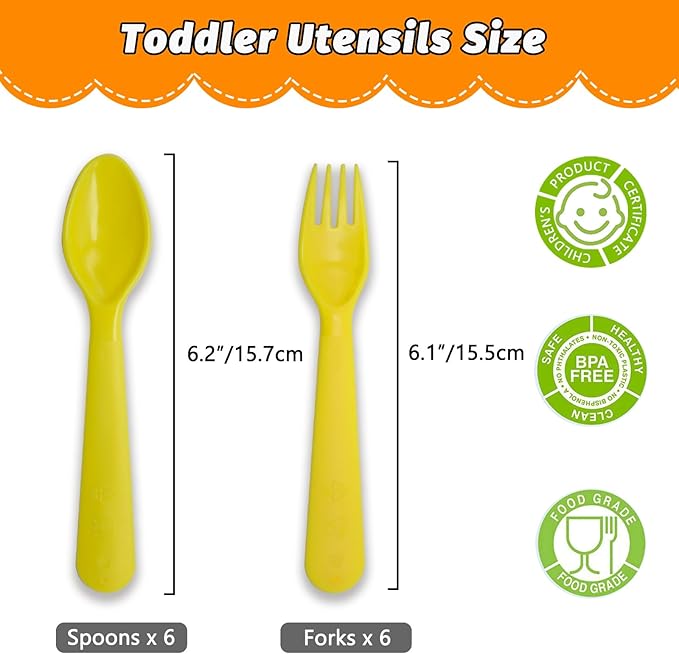12 Pcs Kids Spoons and Forks Toddler Utensils Plastics Reusable Silverware Baby Cutlery Set Feeding Dinnerware Utensils BPA Free Microwave Dishwasher and Freezer Safe- Light Yellow