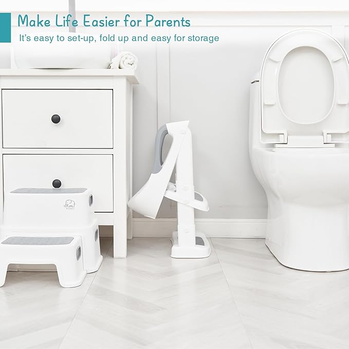 Forbena Potty Training Toilet Seat with Step Stool Ladder, Toddler Kids Potty Seat for Boys Girls, Non Slip Foldable Toilet Training Seat with Soft Cushion, Comfortable Handles (White-Grey)