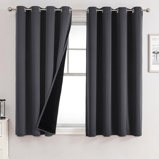 ChrisDowa 100% Blackout Curtains for Bedroom with Black Liner, 2 Thick Layers Total Blackout Thermal Insulated Grommet Small Window Curtains 54 Inch Long 2 Panels Set (Dark Grey, 52 x 54 Inch)