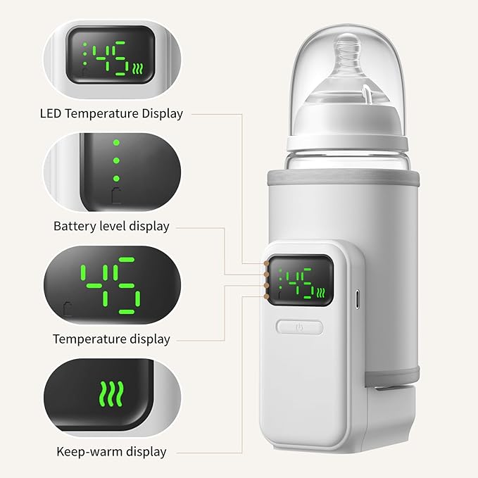 Portable Baby Bottle Warmer for Travel,Breastfeeding Essentials,Baby Bottle-Feeding Supplies Bottle Warmer On The Go,Breast Milk Warmer for Baby,Rechargeable 5000 mAh Battery,Digital Display