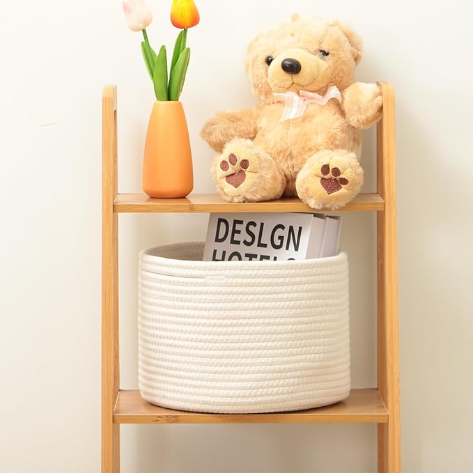 Small Basket for Organizing | Cube Shelf Closet Storage Baskets | 9.7×9.7×7.1” | Woven Rope Gift Basket | Nursery | Round 3 Packs Off White