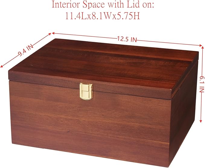 Large Wooden Storage Box - Wood Box with Lid for Home Decor, Ideal for Keepsakes, Trinkets, Jewelry & Photo, 12.5x9.4x6.1 IN, Wood Keepsake Memory Gift Boxes, Rustic Design-WB004- X Large