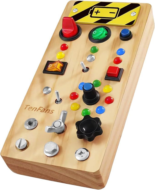 TenFans Montessori Busy Board with 8 LED Light Modes - Sensory Toys for 1-3 Year Olds & Airplane Travel, Wooden Activity Board Develops Fine Motor Skills