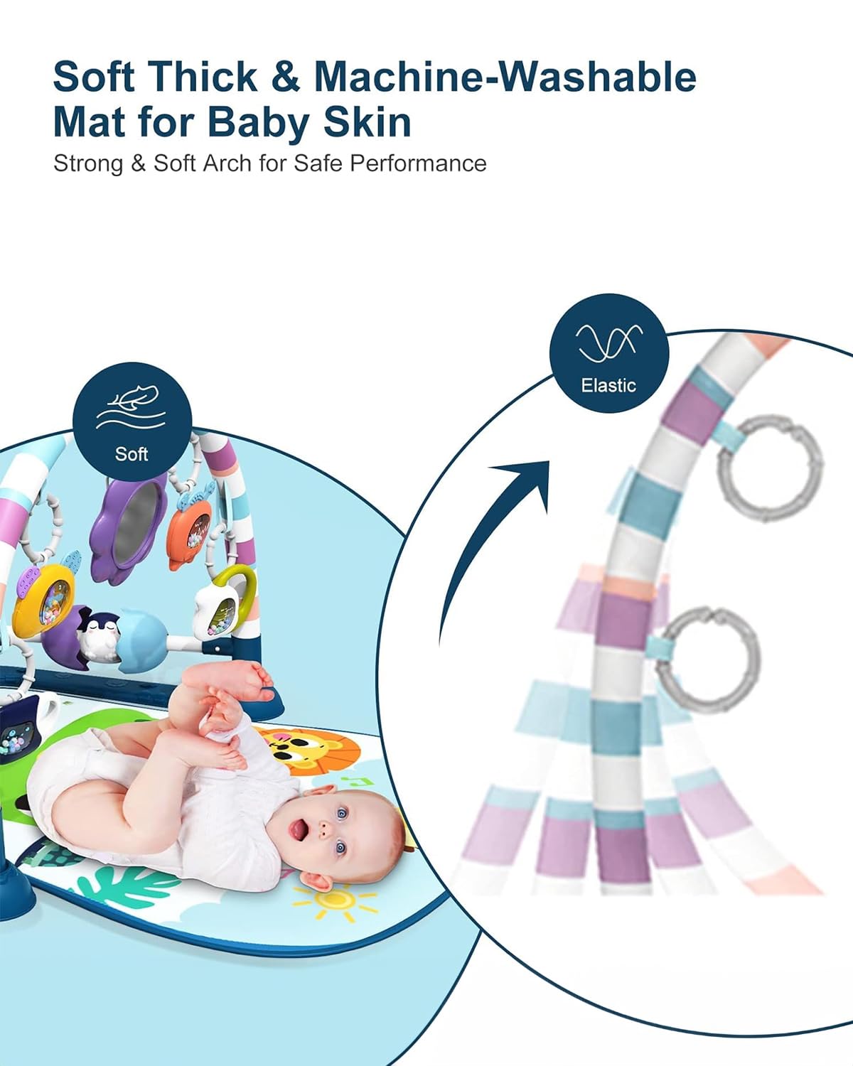 dearlomum Baby Play Mat Baby Gym,Funny Play Piano Tummy Time Baby Activity Mat with 5 Infant Sensory Baby Toys, Music and Lights Boy & Girl Gifts for Newborn Baby 0 to 3 6 9 12 Months（New Blue）