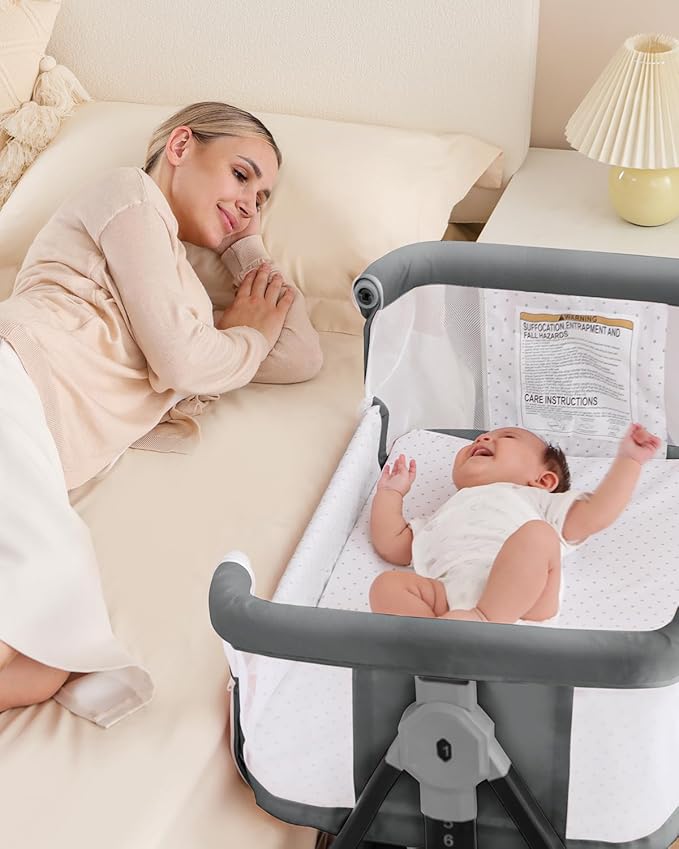 Baby Bassinet, Bassinet Bedside Sleeper with Wheels, Breathable Mesh Bedside Bassinet for Baby, Mosquito Net, Storage Basket, 6 Height Adjustable, Easy to Fold, Grey