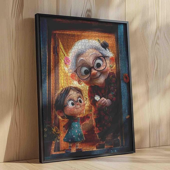 1000 Piece Jigsaw Puzzle for Adults Students White Haired Grandma and Girl Holding Daisy Puzzles Colorful Clothes Cozy Apartment 20×27 Inches Unique Art Gift Home Decor Fun Family Activity